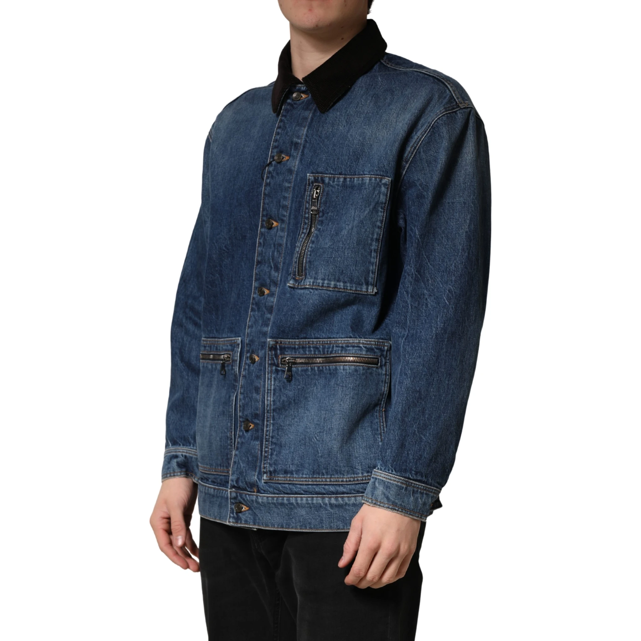 Black Blue Cotton Denim Blouson Men Jacket