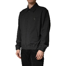 Black Wool Logo Full Zip Men Bomber Jacket