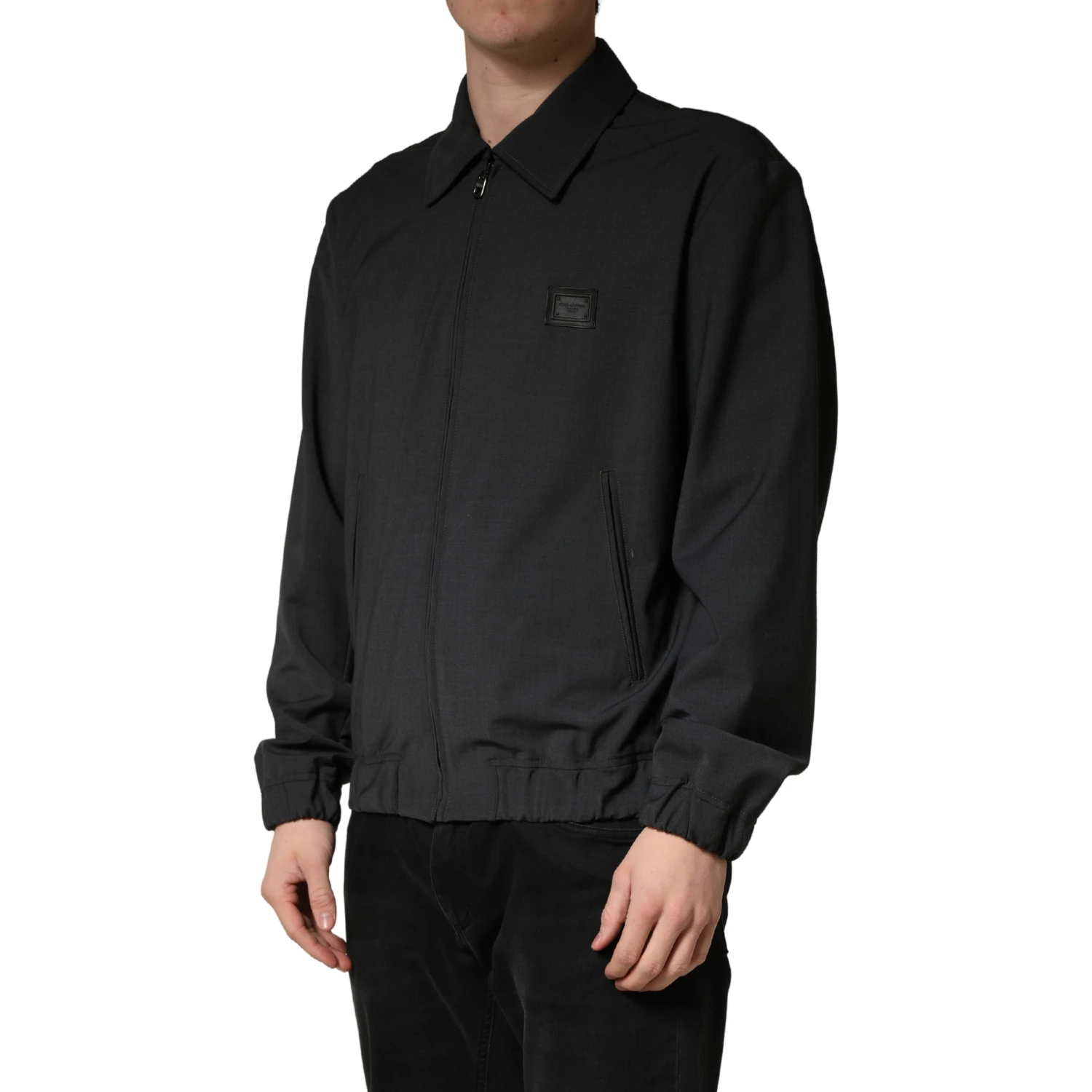Black Wool Logo Full Zip Men Bomber Jacket