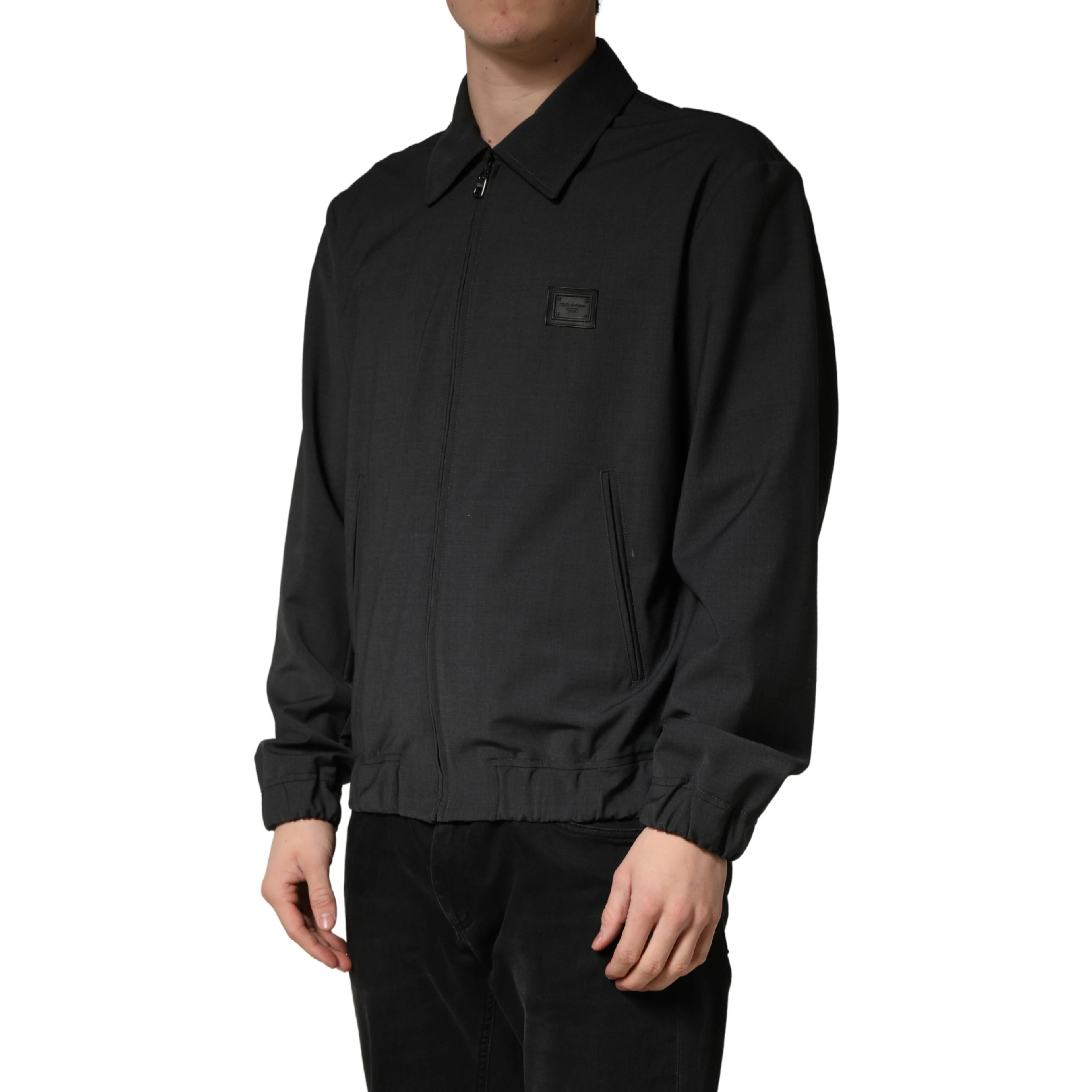 Black Wool Logo Full Zip Men Bomber Jacket