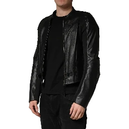 Black Nylon Full Zip Men Biker Coat Jacket