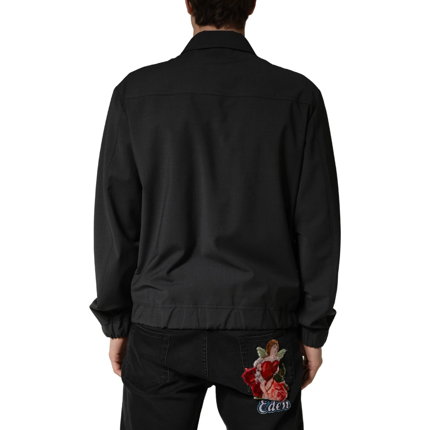 Black Wool Logo Full Zip Men Bomber Jacket