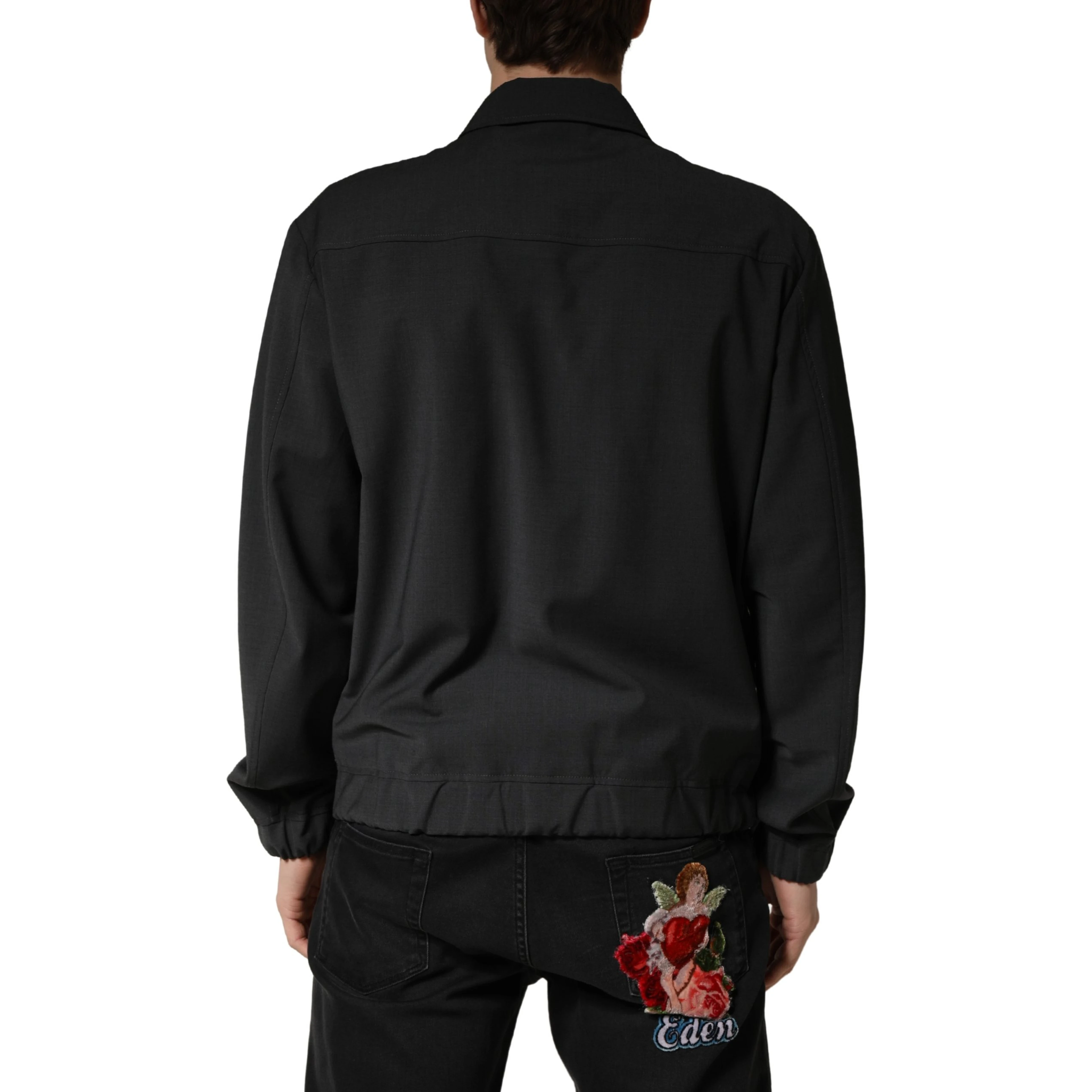 Black Wool Logo Full Zip Men Bomber Jacket