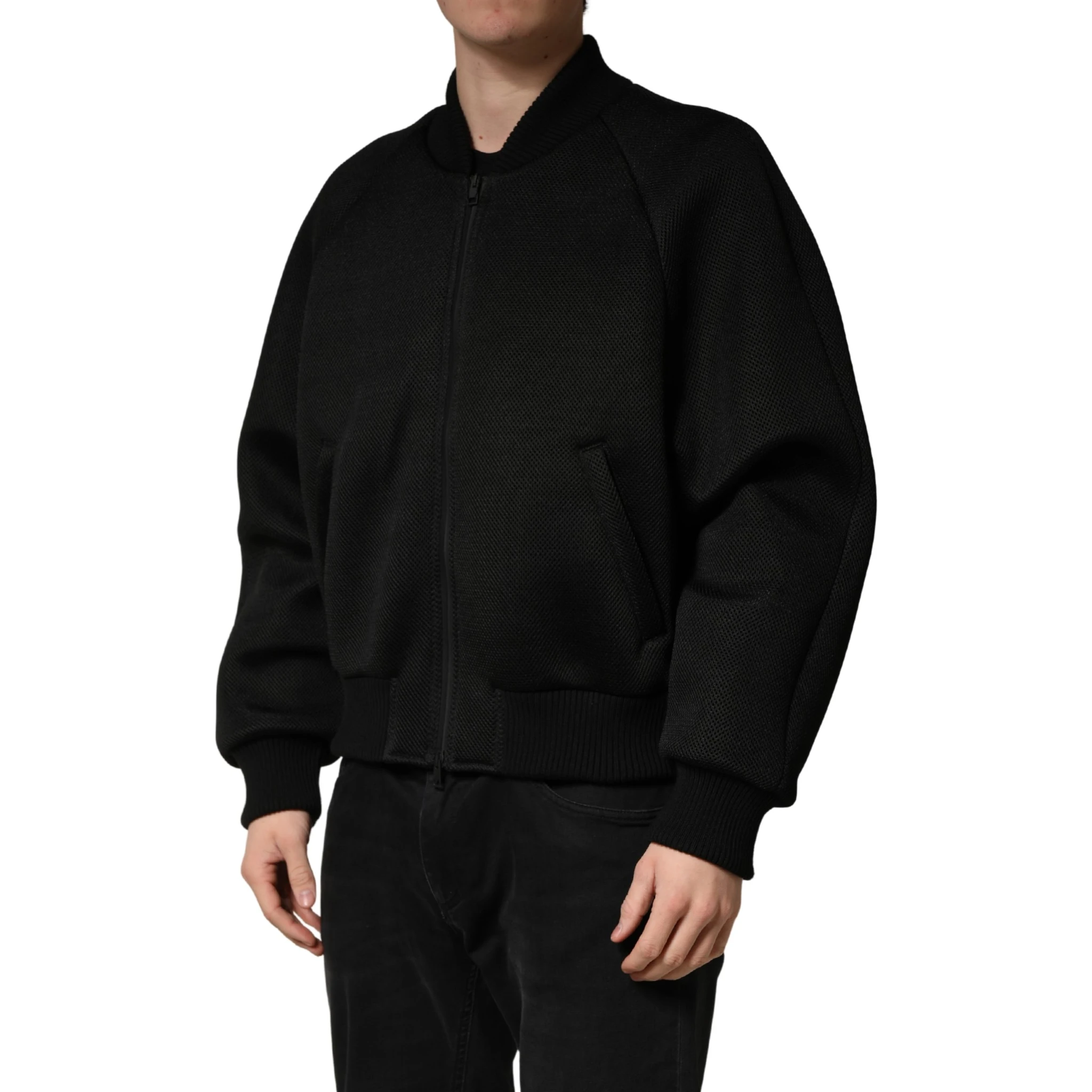 Men Black Nylon Full Zip Bomber Jacket