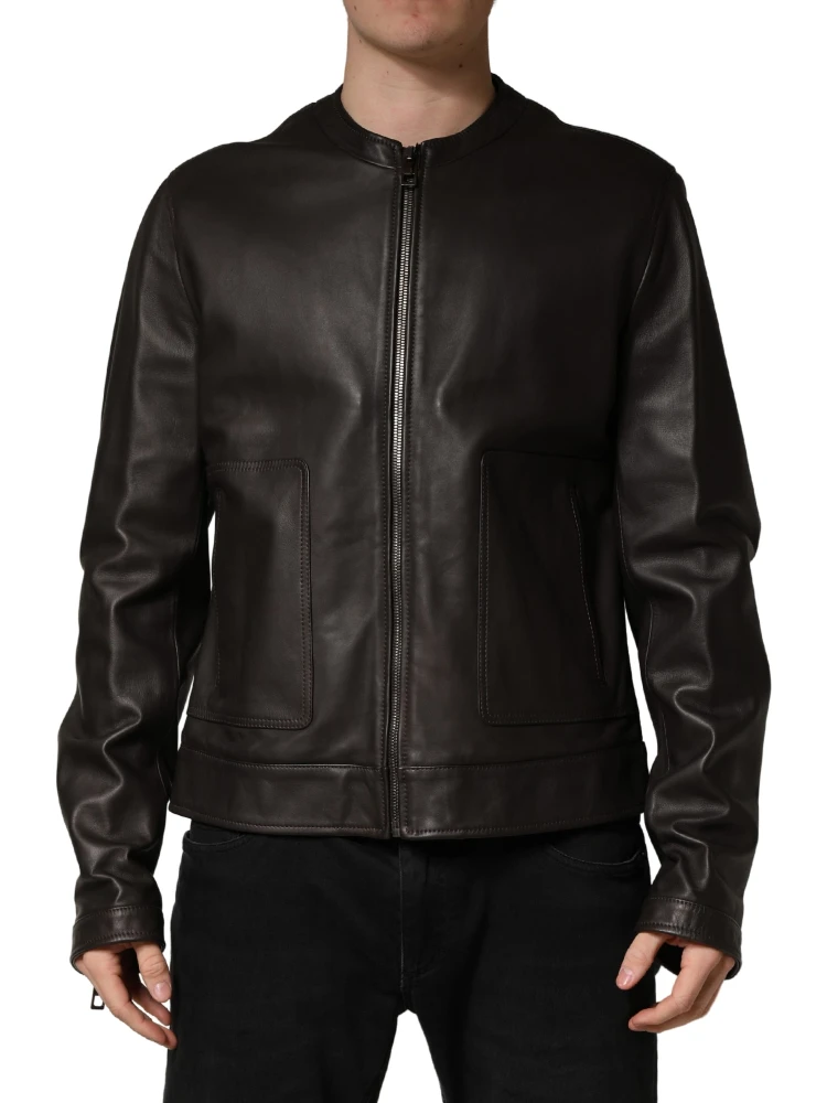 Black LambskinLeather Full Zip Biker Jacket alternative
