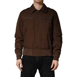 Brown Cotton Stretch Full Zip Bomber Jacket