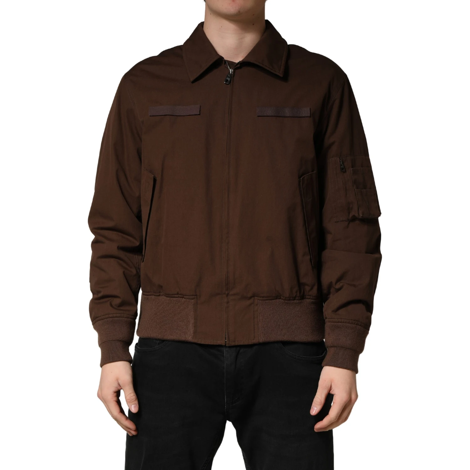 Brown Cotton Stretch Full Zip Bomber Jacket