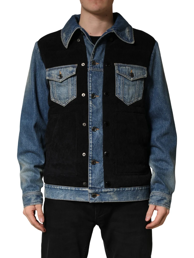 Black Blue Cotton Denim Blouson Men  Jacket