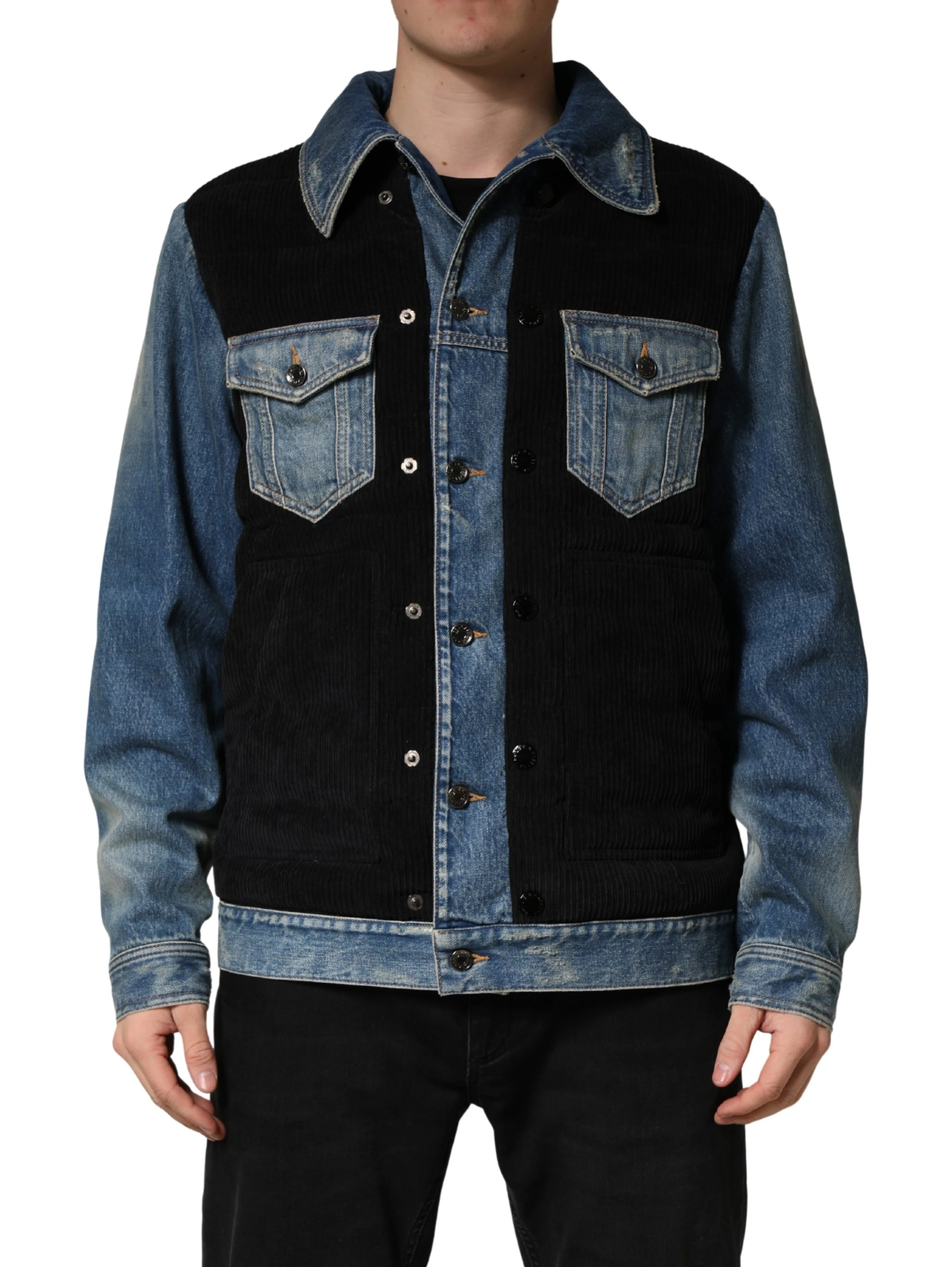 Black Blue Cotton Denim Blouson Men  Jacket