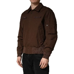 Brown Cotton Stretch Full Zip Bomber Jacket