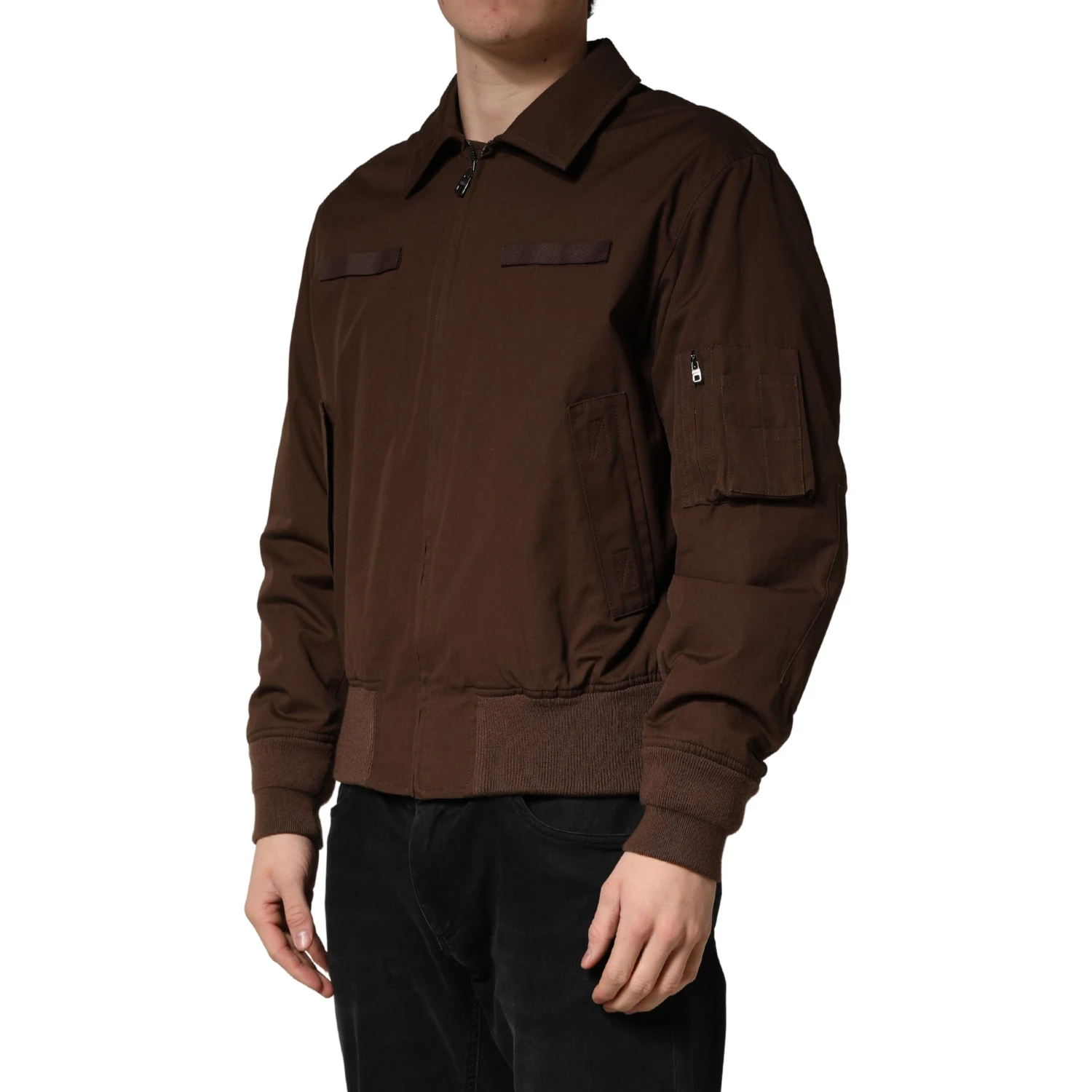 Brown Cotton Stretch Full Zip Bomber Jacket