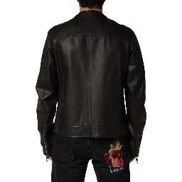 Black LambskinLeather Full Zip Biker Jacket