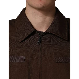 Brown Cotton Stretch Full Zip Bomber Jacket
