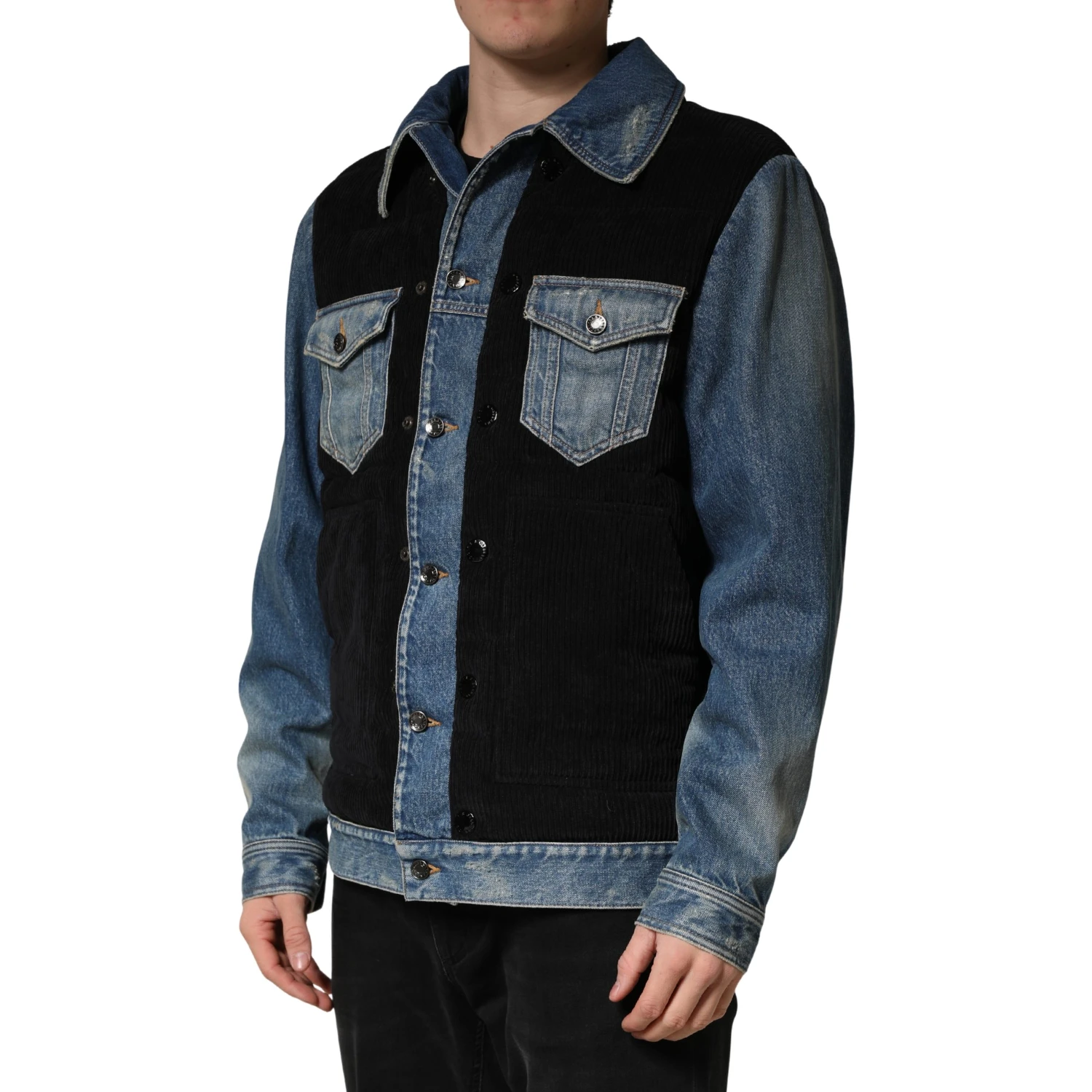 Black Blue Cotton Denim Blouson Men  Jacket