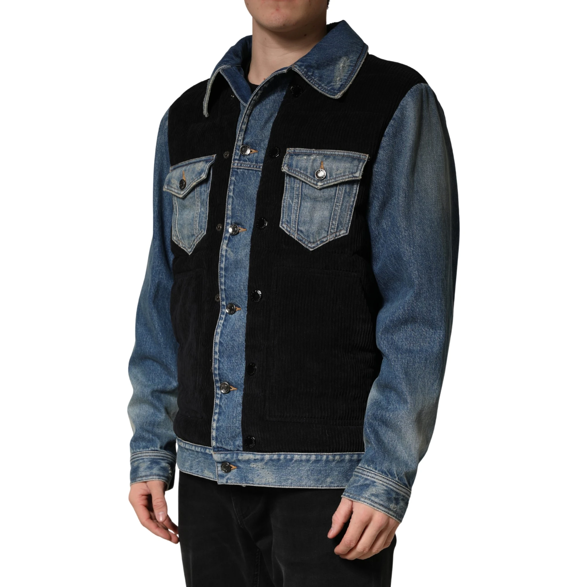 Black Blue Cotton Denim Blouson Men  Jacket