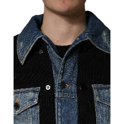 Black Blue Cotton Denim Blouson Men  Jacket