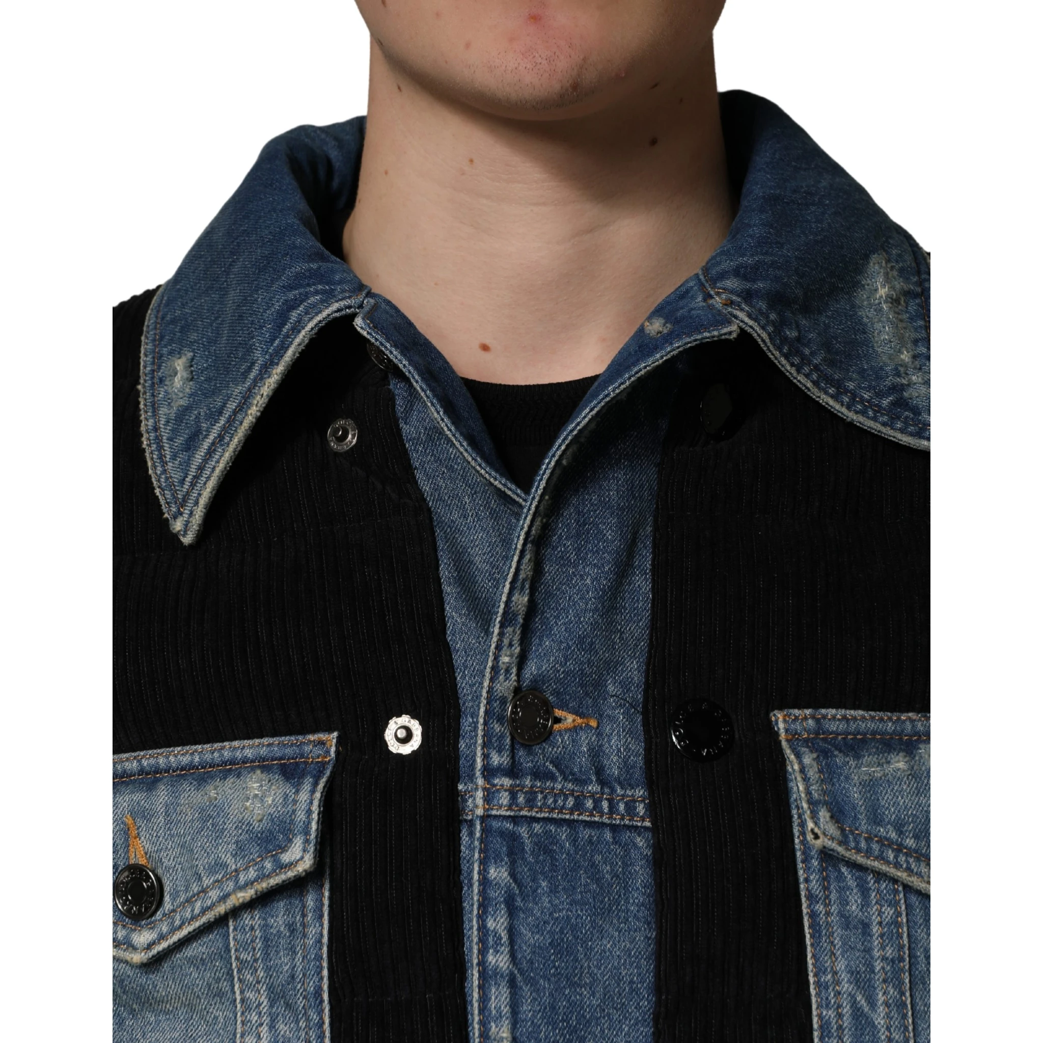 Black Blue Cotton Denim Blouson Men  Jacket