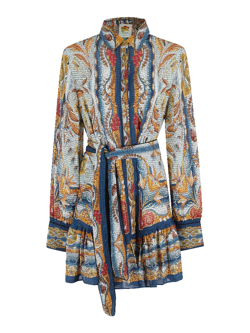 فستان قصير أزرق فاتح بنقشة حديقة الفسيفساء