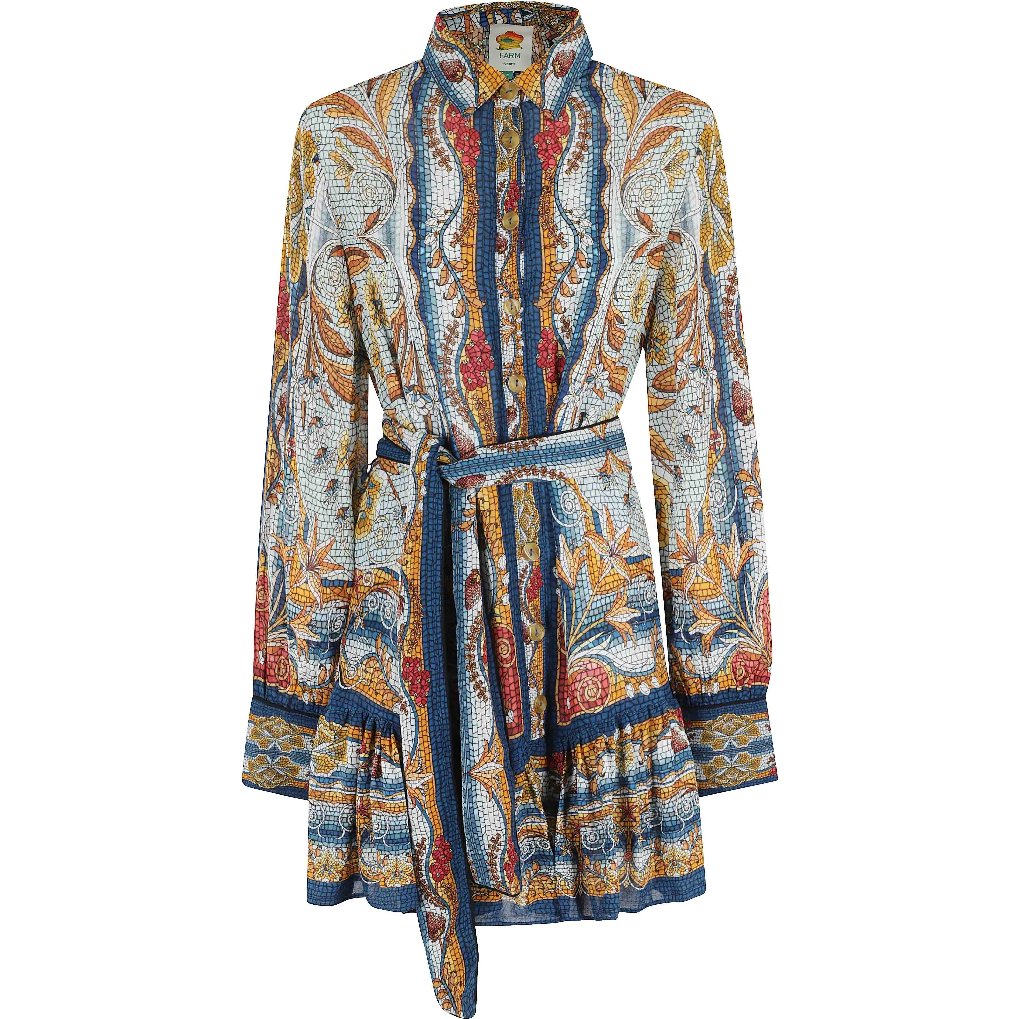 فستان قصير أزرق فاتح بنقشة حديقة الفسيفساء