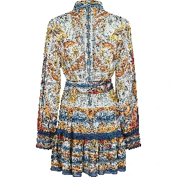 فستان قصير أزرق فاتح بنقشة حديقة الفسيفساء