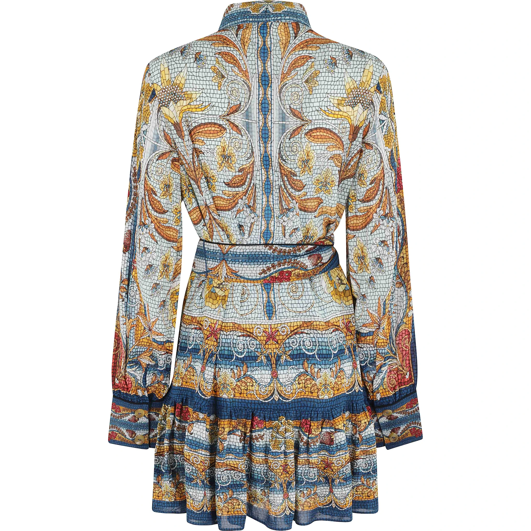 فستان قصير أزرق فاتح بنقشة حديقة الفسيفساء