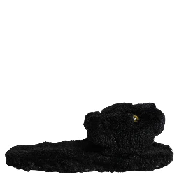 Black Faux Fur Panther Plush Flat Slides Shoes
