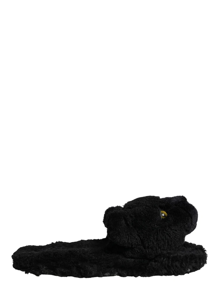 Black Faux Fur Panther Plush Flat Slides Shoes