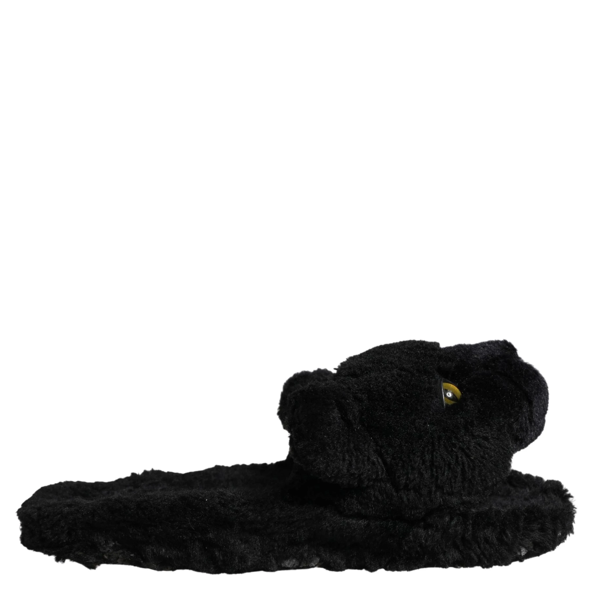 Black Faux Fur Panther Plush Flat Slides Shoes