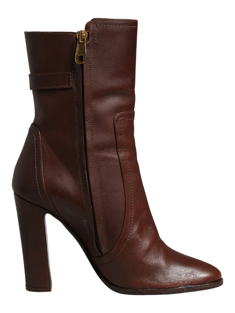 Brown Leather Heels Mid Calf Boots Shoes