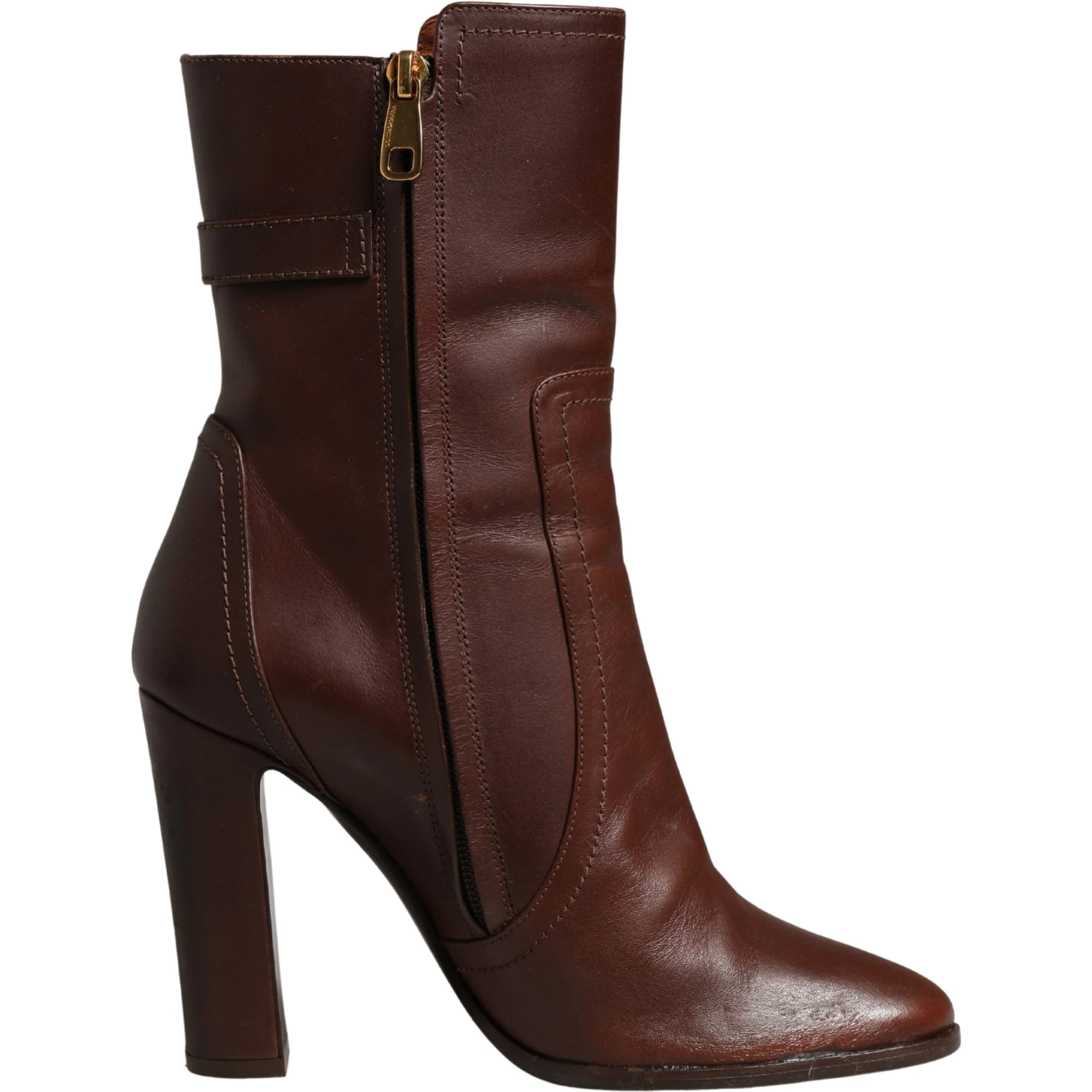 Brown Leather Heels Mid Calf Boots Shoes