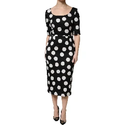Black White Polka Dot Silk Sheath Midi Dress