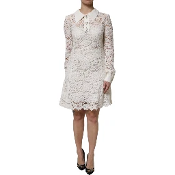 White Floral Lace Viscose Collared Mini Dress
