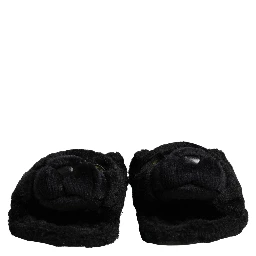 Black Faux Fur Panther Plush Flat Slides Shoes
