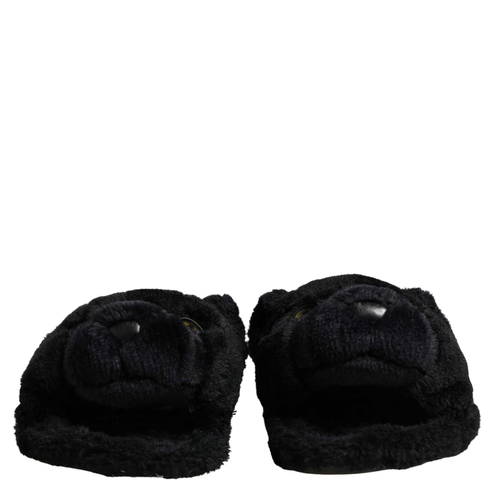 Black Faux Fur Panther Plush Flat Slides Shoes