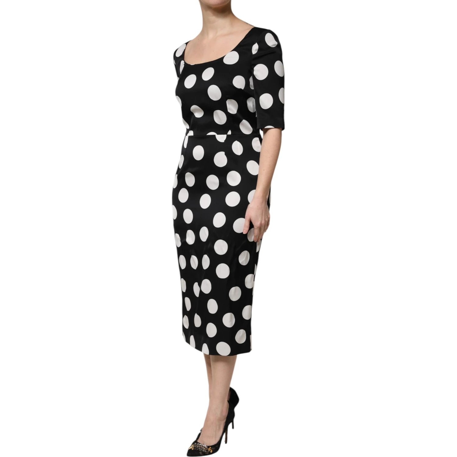 Black White Polka Dot Silk Sheath Midi Dress
