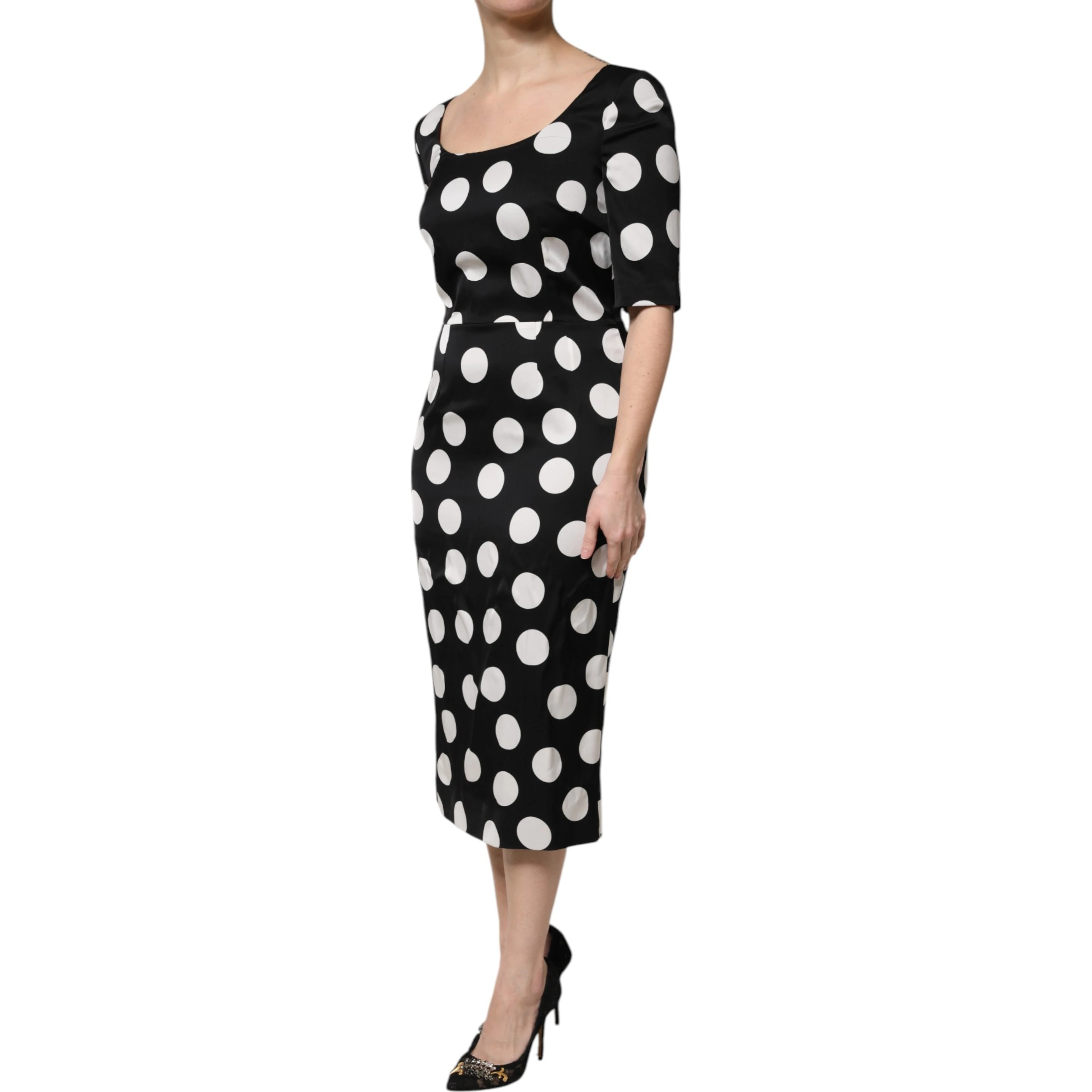 Black White Polka Dot Silk Sheath Midi Dress