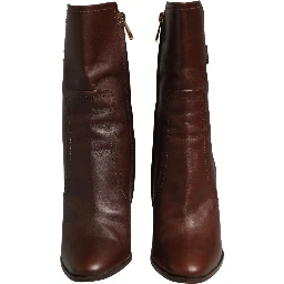 Brown Leather Heels Mid Calf Boots Shoes