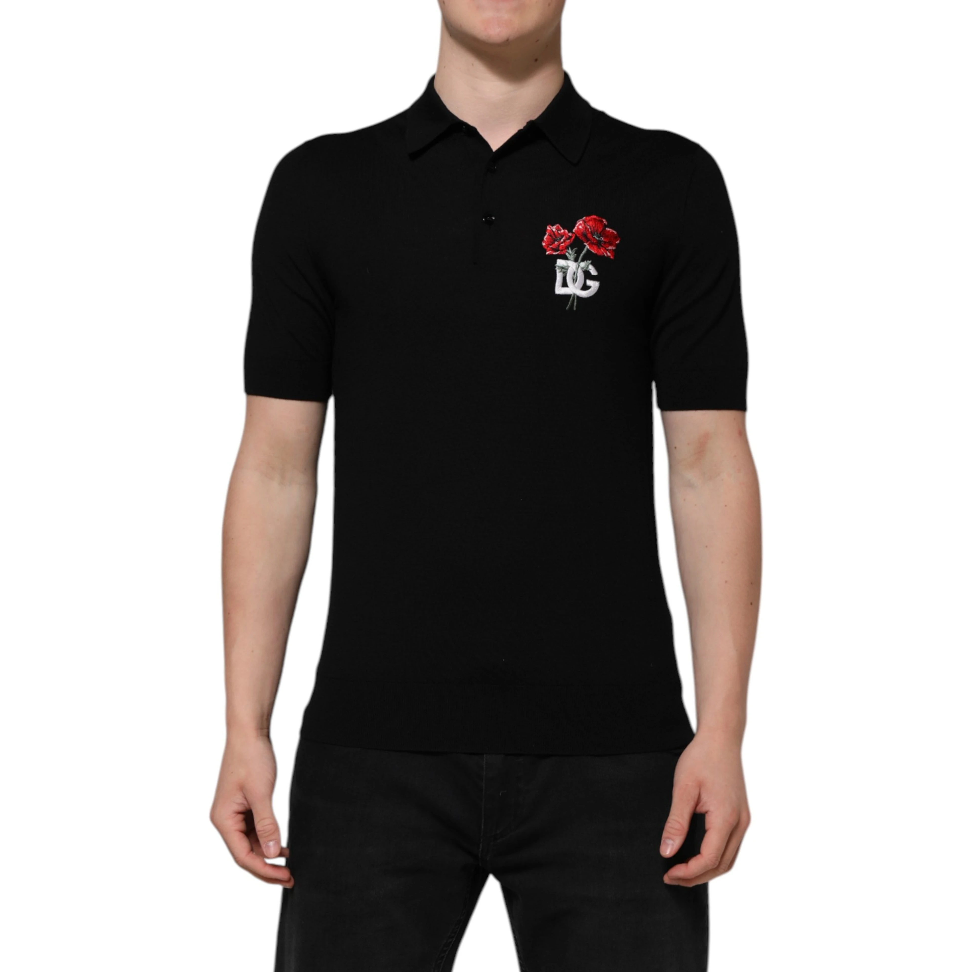 Black Wool Logo Floral Short Sleeve T-shirt