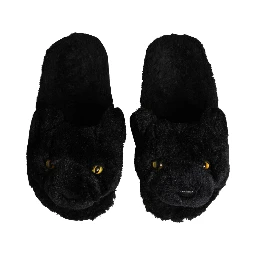 Black Faux Fur Panther Plush Flat Slides Shoes