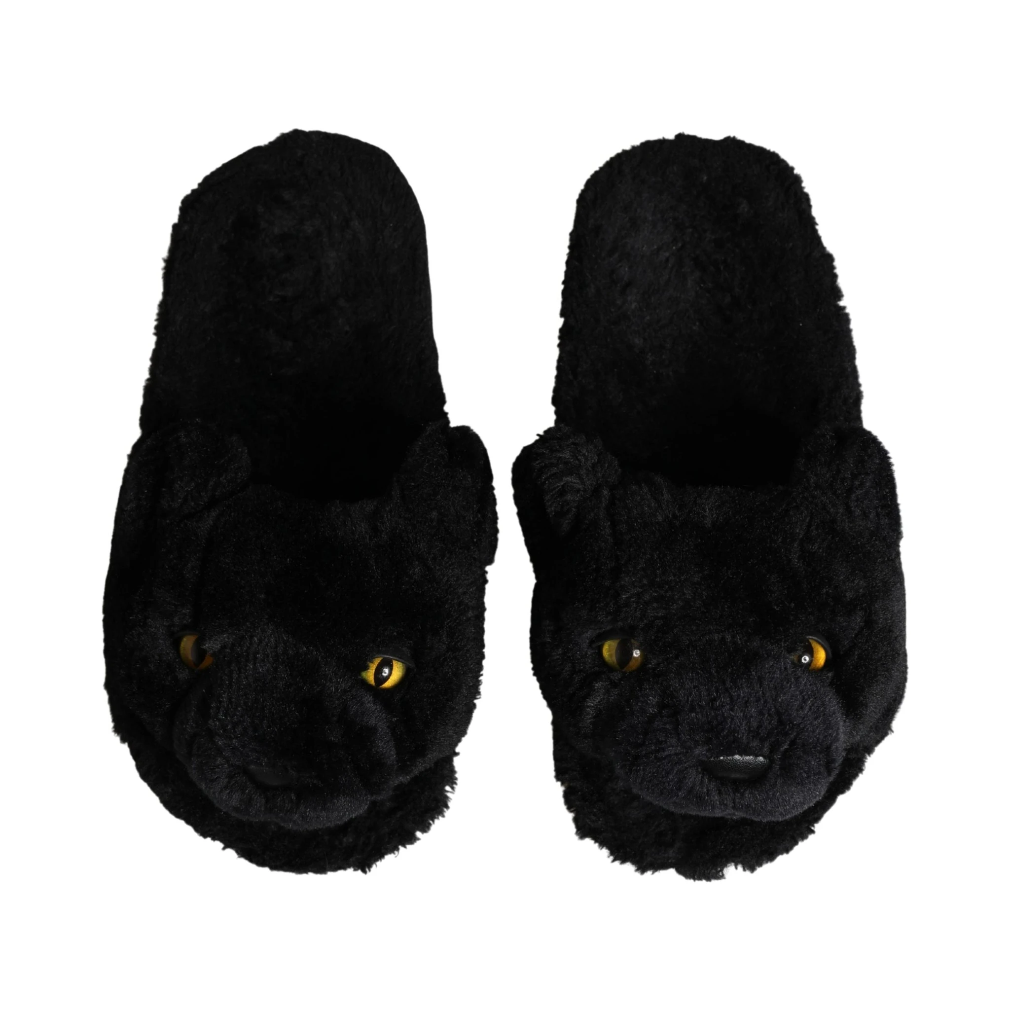 Black Faux Fur Panther Plush Flat Slides Shoes