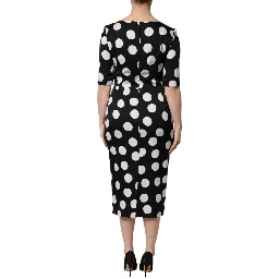 Black White Polka Dot Silk Sheath Midi Dress