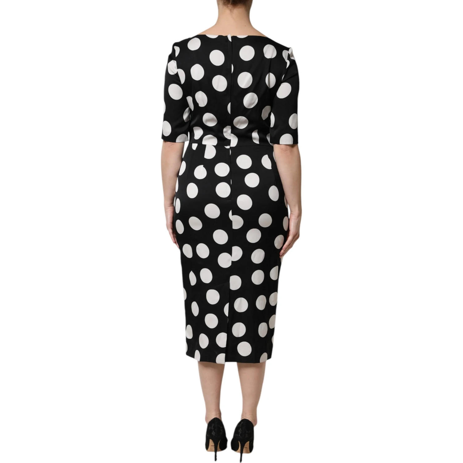 Black White Polka Dot Silk Sheath Midi Dress