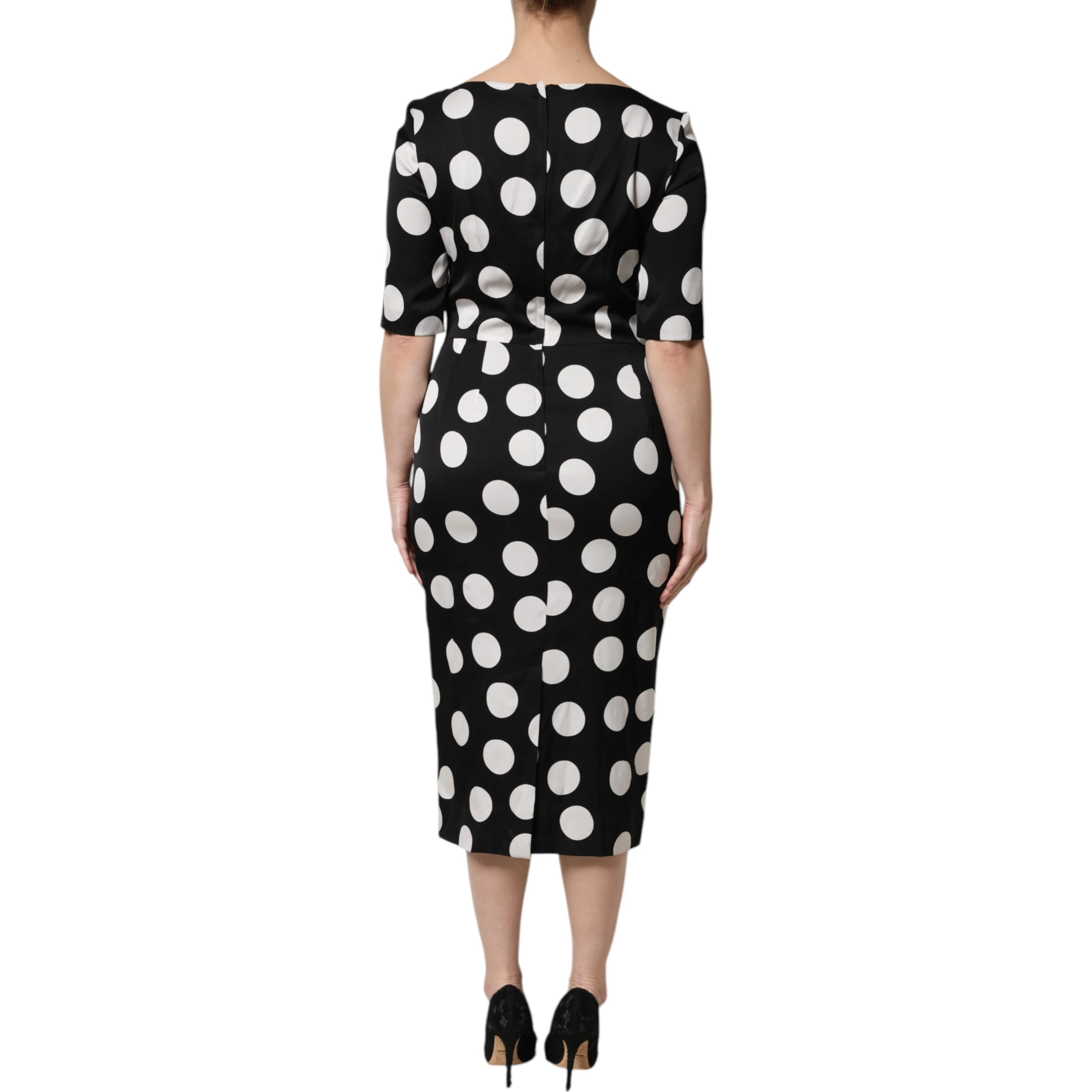 Black White Polka Dot Silk Sheath Midi Dress