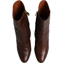 Brown Leather Heels Mid Calf Boots Shoes