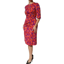 Purple Silk Floral Print Midi Sheath Dress