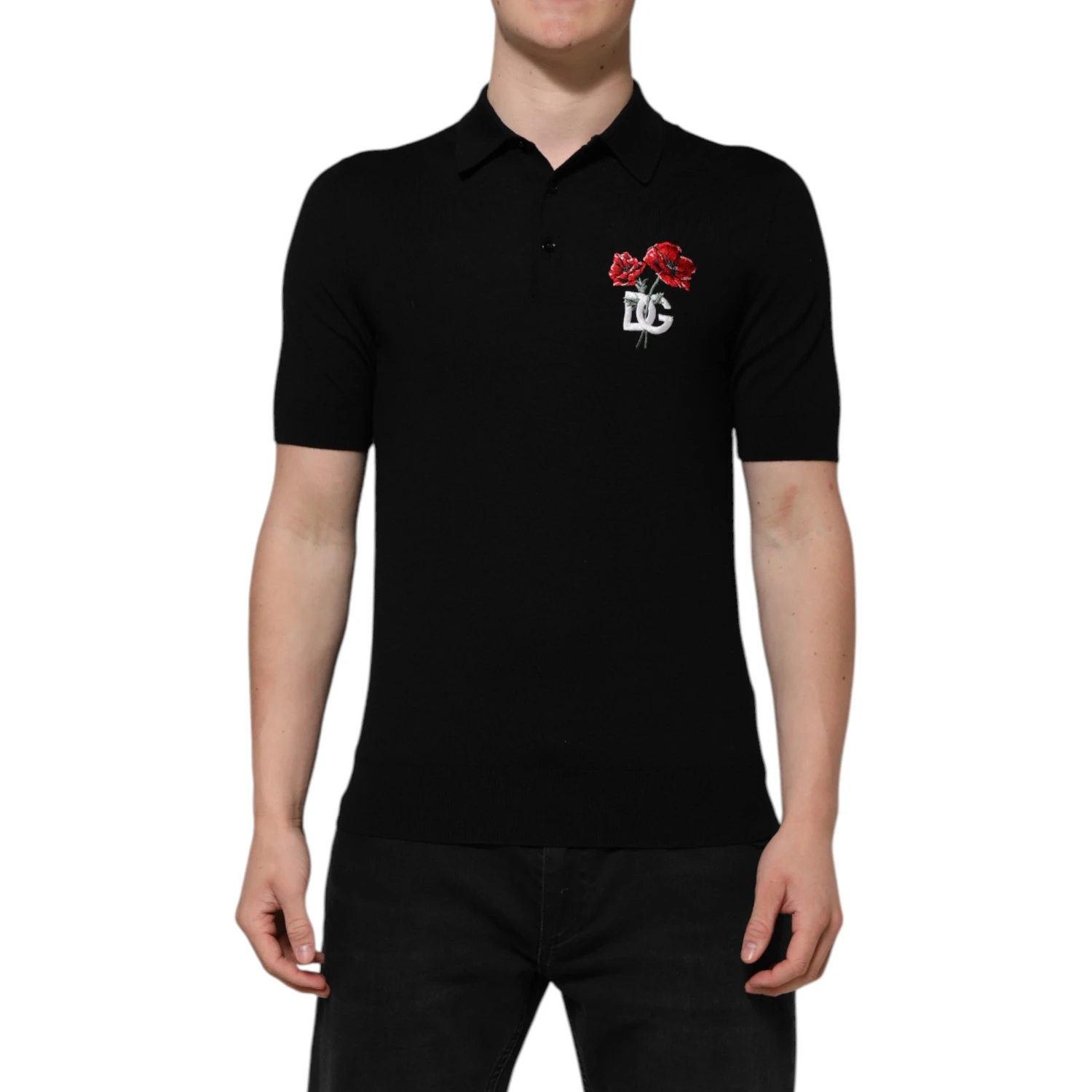 Black Wool Logo Floral Short Sleeve T-shirt