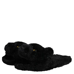 Black Faux Fur Panther Plush Flat Slides Shoes