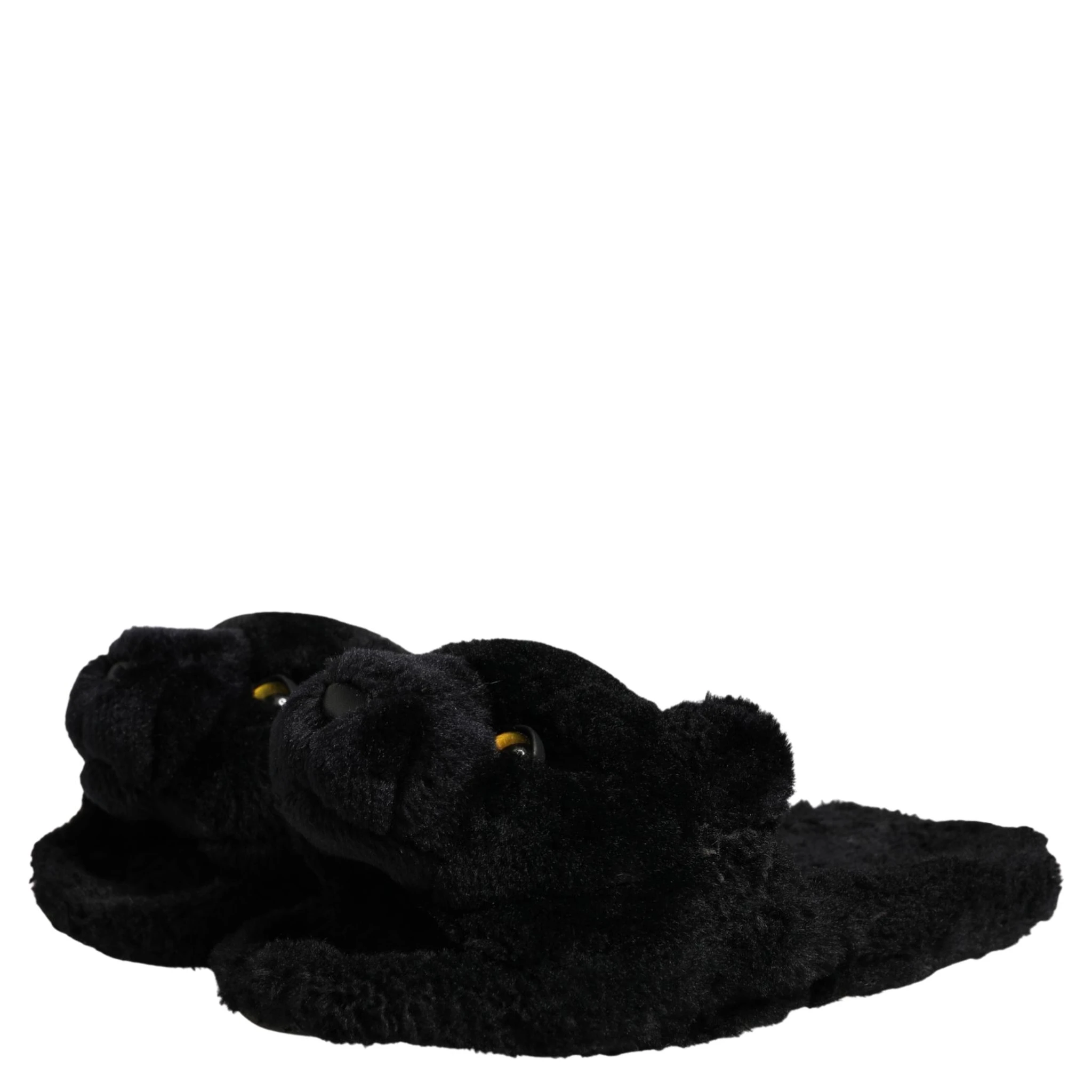Black Faux Fur Panther Plush Flat Slides Shoes