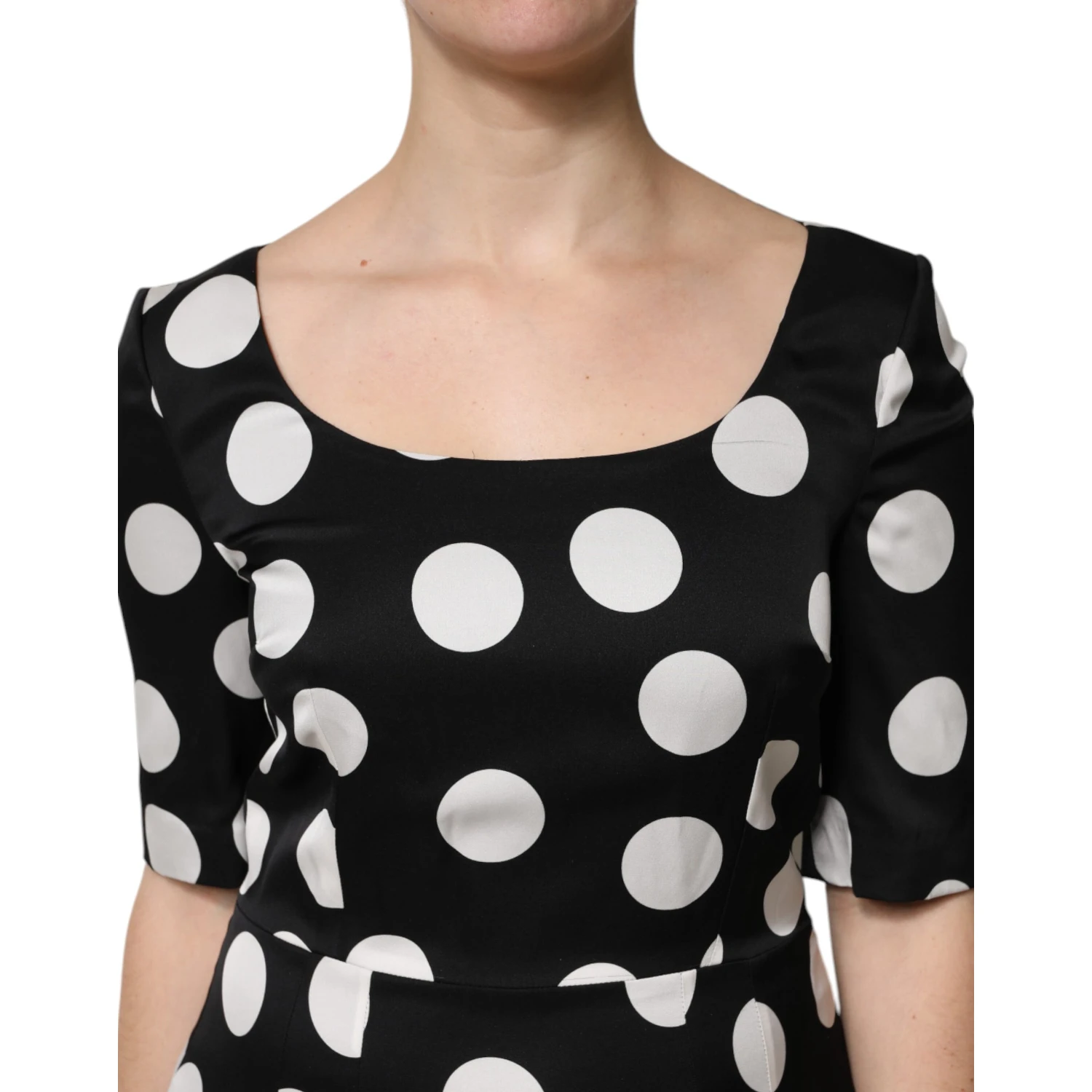 Black White Polka Dot Silk Sheath Midi Dress