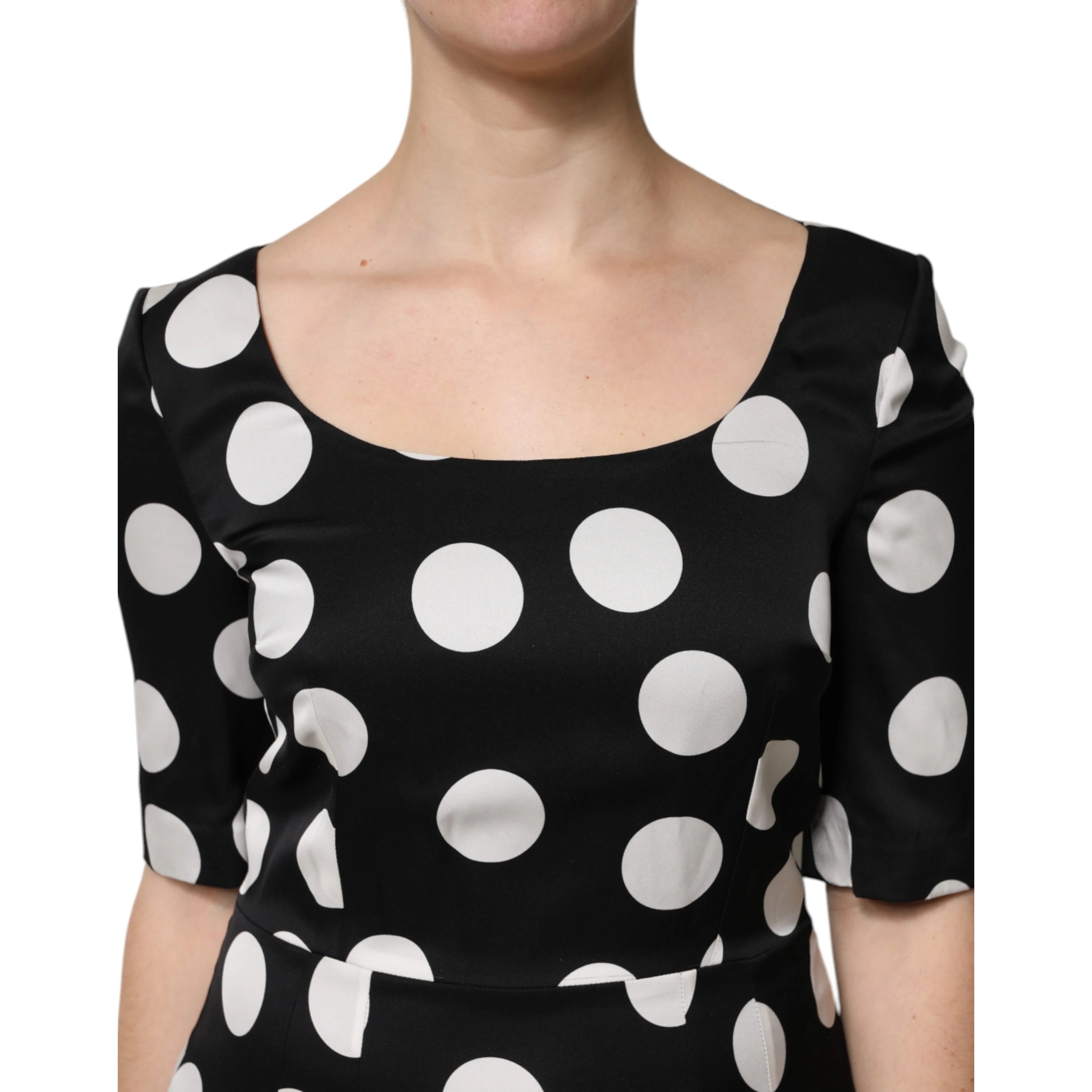 Black White Polka Dot Silk Sheath Midi Dress